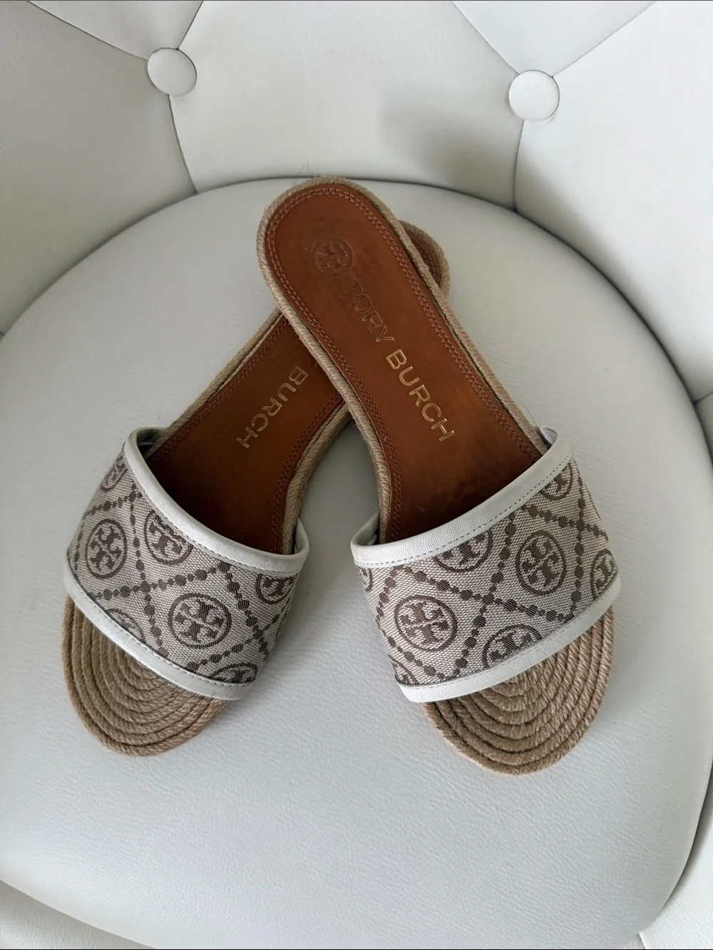 Tory Burch Women's T Monogram Espadrille Slide Natural Beige Size 7